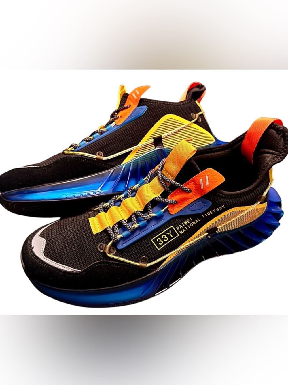 PAIWEI Men’s Black & Blue Athletic Shoe - Yellow Accent - Size 13